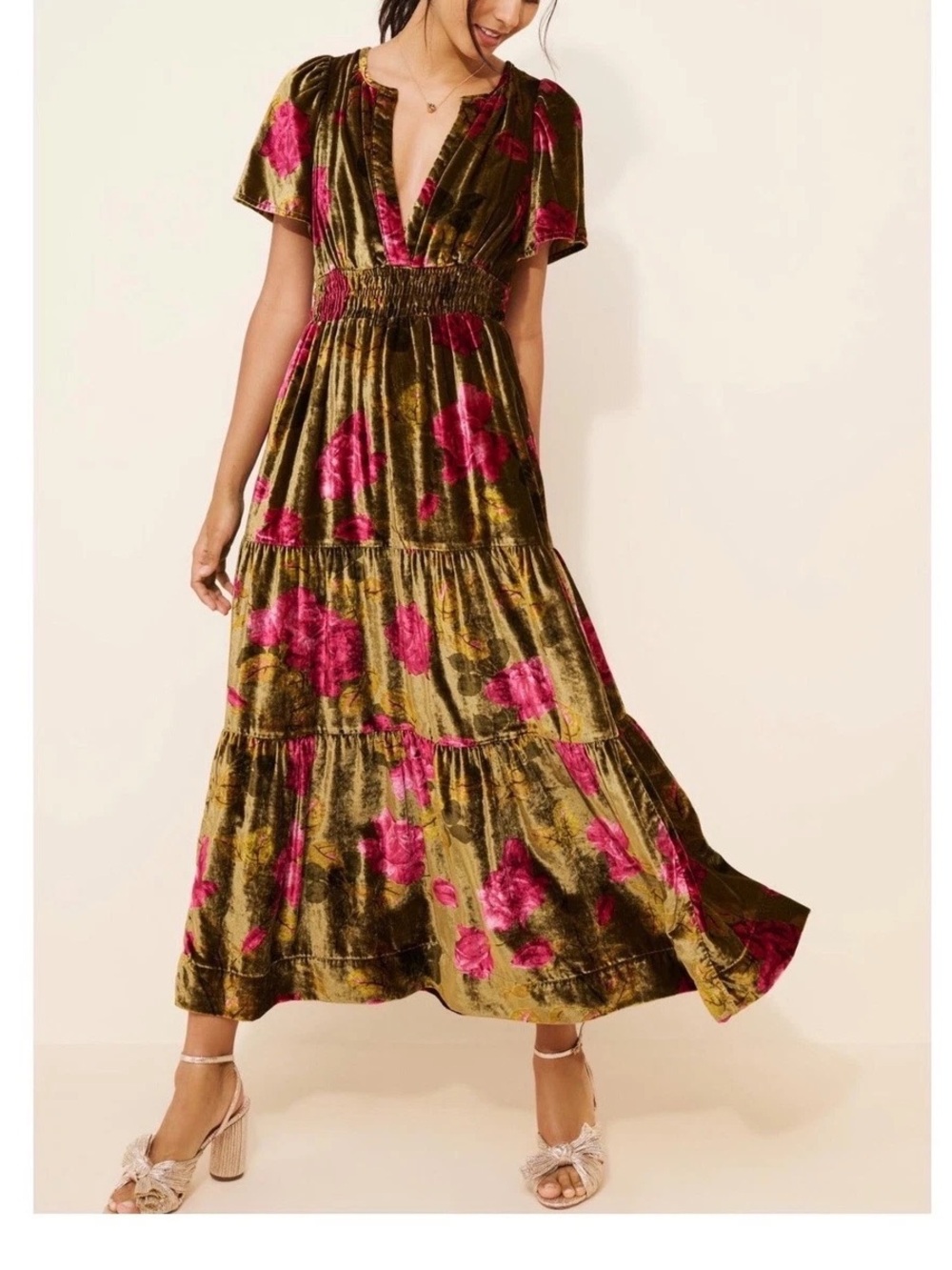 Anthropologie Olive Velvet Maxi Dress with Fuchsia Floral